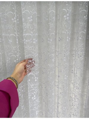 Tül Perde Desenli Brode Kumaş 1/3 Sık Pileli Boru Pile Beyaz Renk