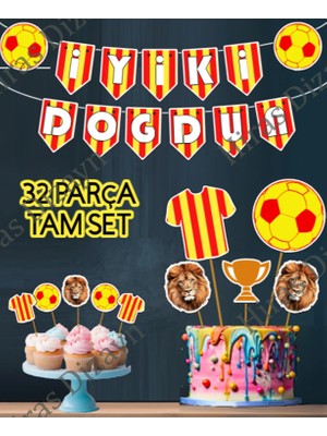 Hiras Dizayn Taraftar Futbol Set 32 Parça Futbol Sarı Kırmızı Doğum Günü Seti Banner Pasta Kürdanı Cupcake Süsü Seti