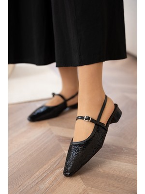 Laminta Elite Payetli Düz Siyah Kadın Babet