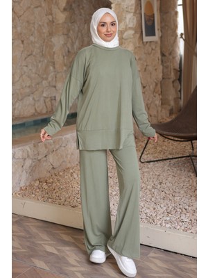 İmaj Butik Haki Manşetli Tunik Pantolonlu Modal Takım