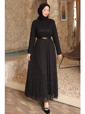 İmaj Butik Siyah Bel Kemerli Desenli Tül Elbise