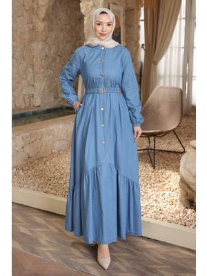 İmaj Butik Mavi Bel Kemerli Düğmeli Kot Elbise