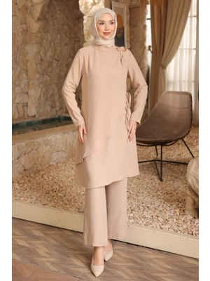 İmaj Butik Bej Bel Bağlamalı Tunik Pantolonlu Takım