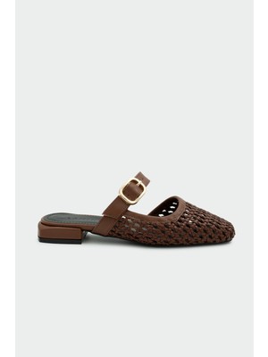 Laminta Duca Örgü Detaylı Tokalı Acı Kahve Kadın Terlik