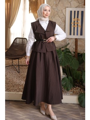 İmaj Butik Kahverengi Deri Kemerli Yelek Etekli Takım
