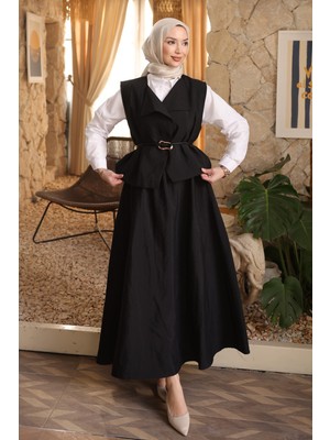 İmaj Butik Siyah Deri Kemerli Yelek Etekli Takım