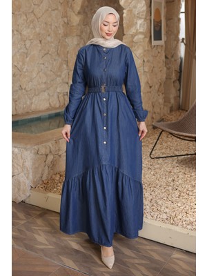İmaj Butik Koyu Mavi Bel Kemerli Düğmeli Kot Elbise