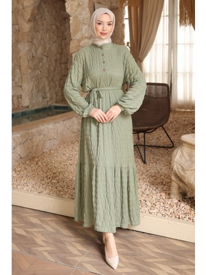 İmaj Butik Çağla Kol Lastikli Düğmeli Bel Bağlamalı Gofre Elbise