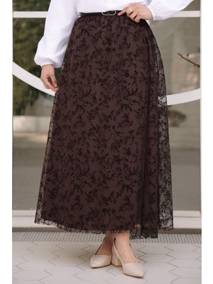İmaj Butik Kahverengi Bel Kemerli Astarlı Flok Tül Etek