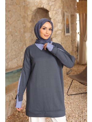 İmaj Butik Antrasit Çizgili Dokuma Modal Garnili Tunik