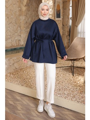 İmaj Butik Lacivert Taş Detaylı Yırtmaçlı Oversize Tunik