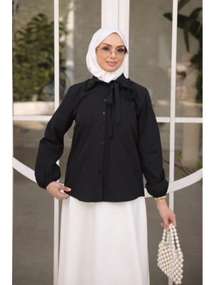 İmaj Butik Siyah Bebe Yaka Kol Lastikli Düğmeli Gömlek