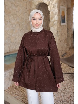 İmaj Butik Kahverengi Taş Detaylı Yırtmaçlı Oversize Tunik