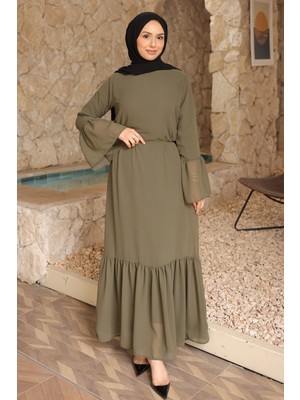 İmaj Butik Haki Bel Bağlamalı Eteği Katlı Şifon Elbise