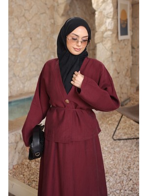 İmaj Butik Bordo Yarasa Kollu Ceket Etekli Takım