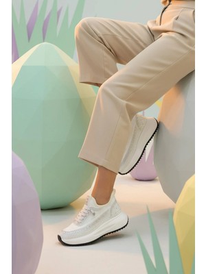 Melba Guja Ithal Özel Seri Taş Detaylı Triko Kadın Spor Ayakkabı Beyaz