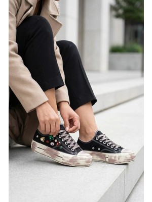 Stilbagshoes Melinda Ithal Özel Seri Yan Taş Detaylı Boyalı Taban Kadın Spor Ayakkabı Siyah