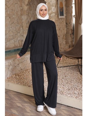 İmaj Butik Siyah Manşetli Tunik Pantolonlu Modal Takım