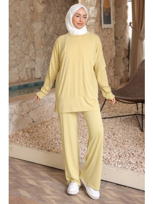 İmaj Butik Yağ Yeşili Manşetli Tunik Pantolonlu Modal Takım
