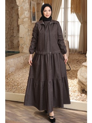 İmaj Butik Kahverengi Bisiklet Yaka Elbise Ceketli Takım