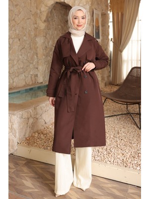 İmaj Butik Kahverengi Kruvaze Yaka Astarlı Trençkot