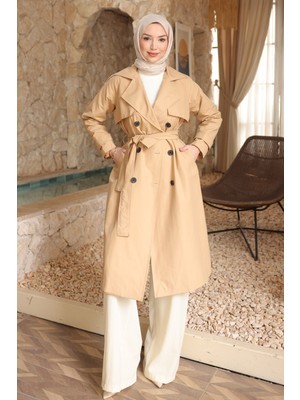 İmaj Butik Bej Kruvaze Yaka Astarlı Trençkot