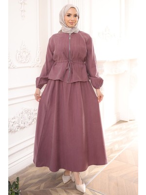 İmaj Butik Gül Kurusu Önü Nervürlü Fermuarlı Ceket Etekli Takım