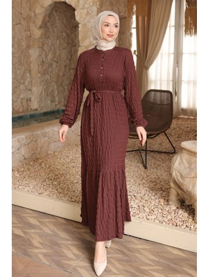 İmaj Butik Kahverengi Kol Lastikli Düğmeli Bel Bağlamalı Gofre Elbise