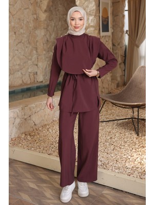 İmaj Butik Mürdüm Omuz Düğmeli Bel Kuşaklı Pantolonlu Takım