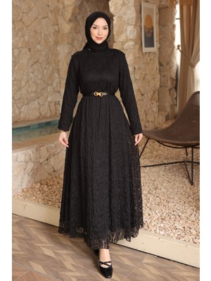 İmaj Butik Siyah Bel Kemerli Desenli Tül Elbise