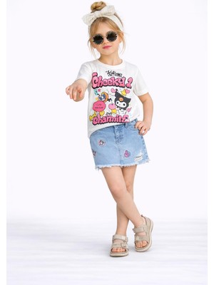 Jeliboom Kız Çocuk Kuromi Baskılı Tişört & Nakış Detaylı Şort Kot Etek Takım 5900