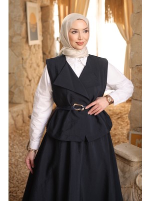 İmaj Butik Lacivert Deri Kemerli Yelek Etekli Takım