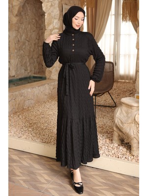 İmaj Butik Siyah Kol Lastikli Düğmeli Bel Bağlamalı Gofre Elbise