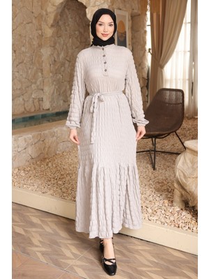 İmaj Butik Gri Kol Lastikli Düğmeli Bel Bağlamalı Gofre Elbise