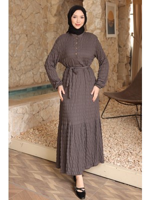 İmaj Butik Antrasit Kol Lastikli Düğmeli Bel Bağlamalı Gofre Elbise