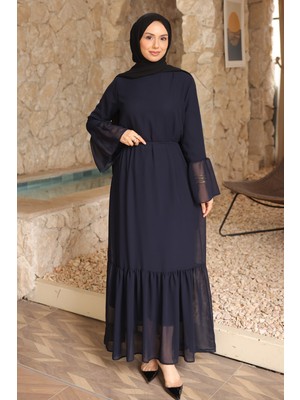 İmaj Butik Lacivert Bel Bağlamalı Eteği Katlı Şifon Elbise
