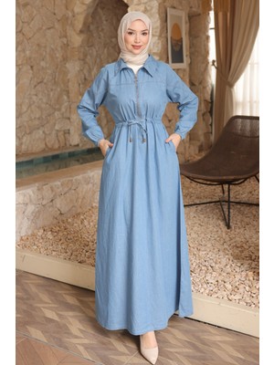 İmaj Butik Mavi Bel Lastikli Fermuarlı Kot Elbise