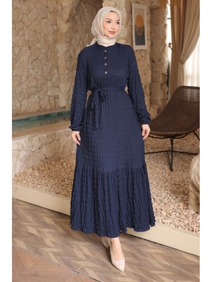İmaj Butik Lacivert Kol Lastikli Düğmeli Bel Bağlamalı Gofre Elbise