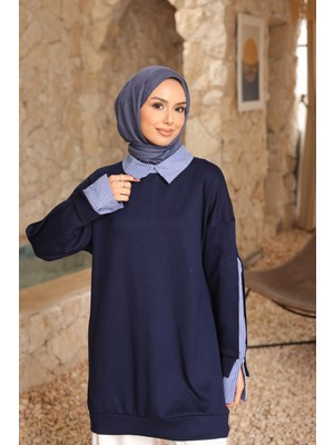 İmaj Butik Lacivert Çizgili Dokuma Modal Garnili Tunik