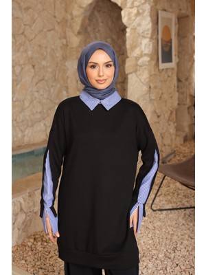 İmaj Butik Siyah Çizgili Dokuma Modal Garnili Tunik