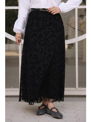 İmaj Butik Siyah Bel Kemerli Astarlı Flok Tül Etek