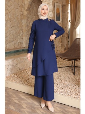 İmaj Butik Lacivert Bel Bağlamalı Tunik Pantolonlu Takım