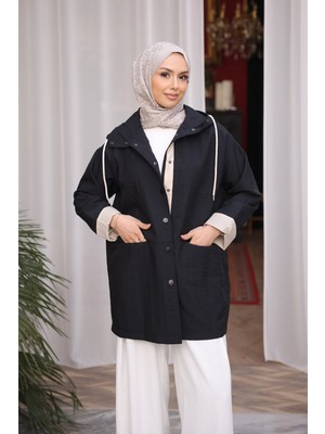 İmaj Butik Siyah Kapüşonlu Çıt Çıt Düğmeli Trençkot