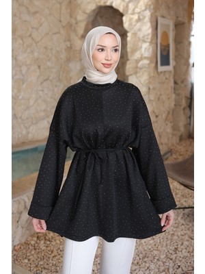 İmaj Butik Siyah Taş Detaylı Yırtmaçlı Oversize Tunik