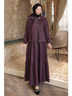 İmaj Butik Mürdüm Bisiklet Yaka Elbise Ceketli Takım