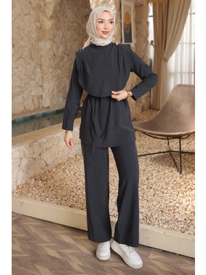 İmaj Butik Antrasit Omuz Düğmeli Bel Kuşaklı Pantolonlu Takım