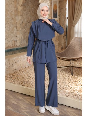 İmaj Butik Lacivert Omuz Düğmeli Bel Kuşaklı Pantolonlu Takım
