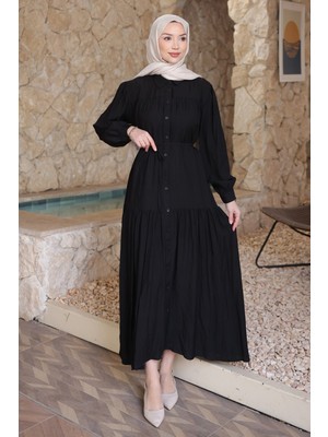 İmaj Butik Siyah Eteği Katli Düğmeli Elbise