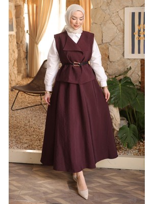 İmaj Butik Mürdüm Deri Kemerli Yelek Etekli Takım