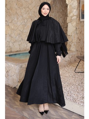 İmaj Butik Siyah Pelerin Detaylı  Kol Lastikli Elbise